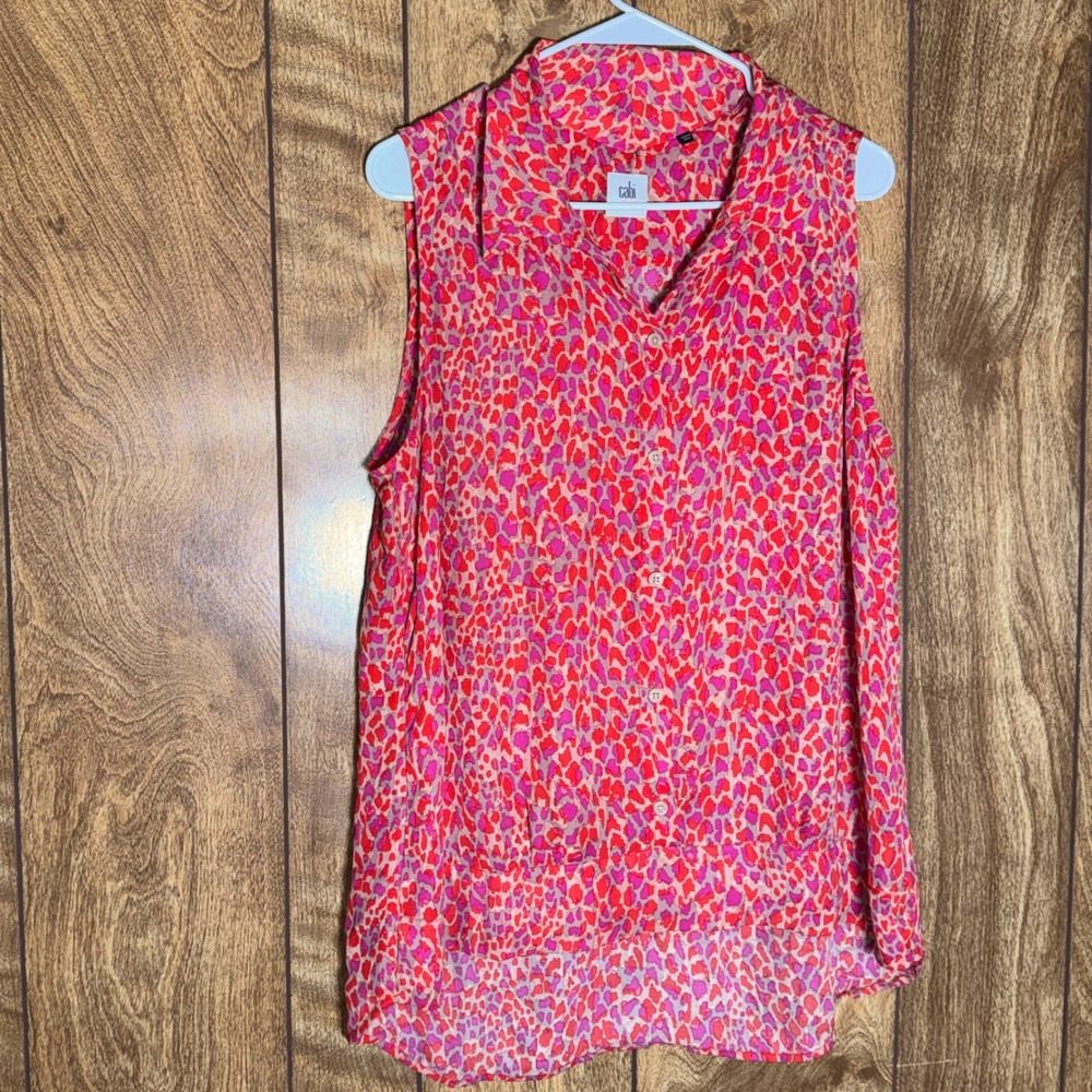 Cabi Heartbreaker 3270 Sleeveless Button Down Blouse Pink Red Leopard Print L